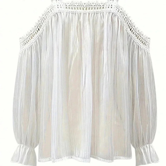 White Boho Women's Open Shoulder Floral Trim Casual Vacation Blouse - Picture 2 of 5